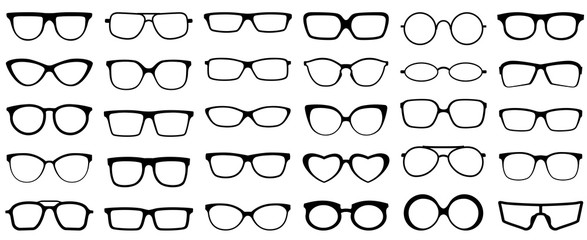 Glasses silhouette. Retro glasses, eye health eyewear and rim sunglasses silhouettes. Hipster or geek plastic eye optic lens frame accessory design. Isolated vector icons set - obrazy, fototapety, plakaty