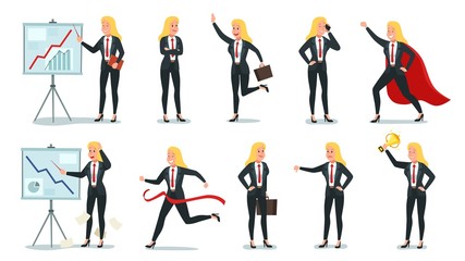 Fototapeta na wymiar Business woman character. Office professional worker, young female secretary and corporate businesswoman. Company working corporate professionals girls. Cartoon isolated vector icons illustration set
