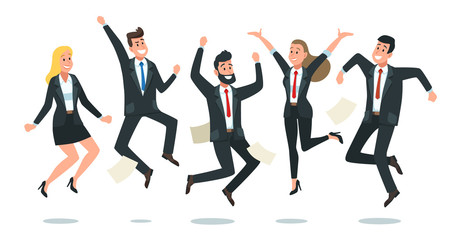 Jumping business team. Office workers jump, happy corporate colleagues jumped together and teamwork fun. Business win celebration, work winning party. isolated vector cartoon illustration