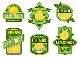 Lemonade badges. Lemon drink emblem badge, fresh fruits lemons juice vintage lemonades emblems. Drinks bars sticker, detox lemonade or fruits fresh juicy lemon label. Isolated vector icons set