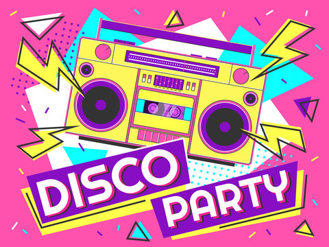Disco party banner. Retro music poster, 90s radio and tape cassette player funky colorful design. Memphis music parties, 80s advertising audio poster vector background illustration