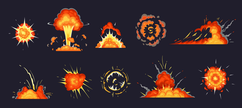 Cartoon explosion. Exploding bomb, atomic explode effect and comic explosions smoke clouds. Destruction explosion animation, comic bomb fire flame. Isolated vector illustration icons set