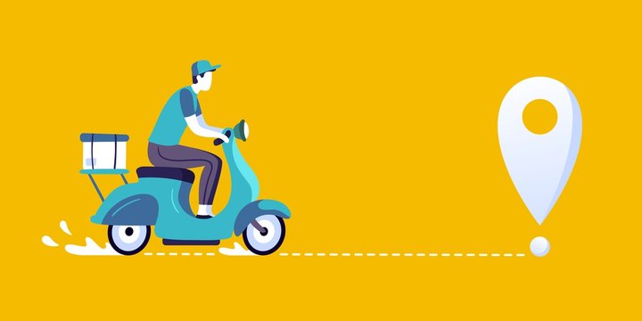 Delivery man on scooter. Food deliveries courier, delivering on city bike and delivery route. Meal logistic service scooter driver, pizza motorbike deliverys work character vector illustration