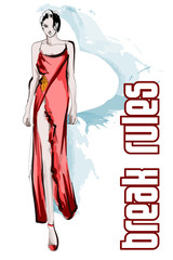 Beautiful young women in a red dress. Hand drawn fashion girl. Fashion model posing. Sketch. Vector illustration.
