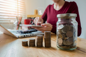 Business women using calculator with computer laptop, Business accounting, budget and loan paper in office. 