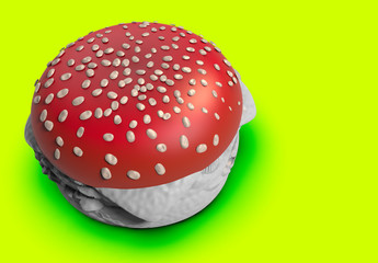 Poisonous Amanita Burger Concept. Isolated 3D with Copy-space.