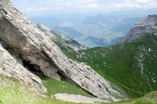 Pilatus mountain range in the Swiss Alps, on the border of the cantons of Obwalden, Nidwalden and Lucerne. Panoramic view of the lake from the height.