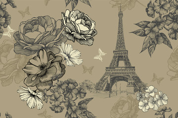 Eiffel tower with roses, phloxes and butterflies on a vintage, seamless background. Hand-drawn, vector illustration. - 275789326