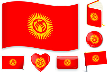 Kyrgyzstan flag wave, book, circle, pin, button, heart and sticker.