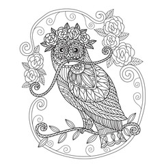 Fototapeta premium Hand drawn sketch illustration of owl and flower for adult coloring book.