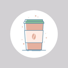 Vector icon of coffee in a cup with coffee bean, take away. Isolated in circle. Flat design.