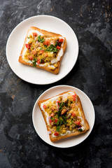 Bread ppadi chaat/chat is a yummy starter/appetizer from India, served in a plate garnished with tomato, sev and coriander and masala. selective focus