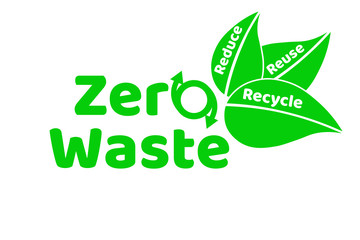 Zero waste lettering text sign or logo with green leaves. Waste management concept. Reduce, reuse, recycle and refuse. Eco lifestyle. Vector EPS10 design template illustration. Isolated on white.