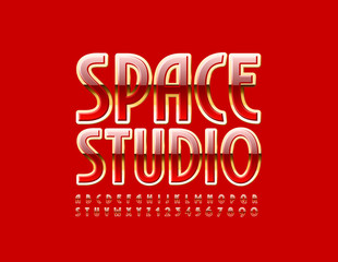 Vector luxury banner Space Studio with elegant Font. Shiny Uppercase Alphabet. Red and Golden shiny Letters and Numbers