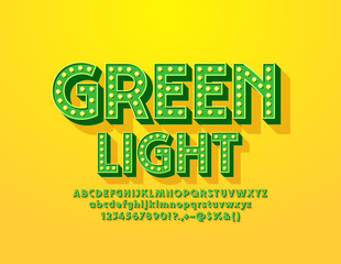 Vector Green Light emblem with trendy Font. Vintage lamp Alphabet. Light bulb bright Alphabet Letters, Numbers and Symbols