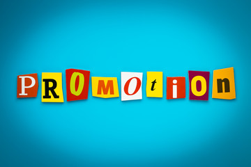 Single word - promotion from cut colorful letters on blue background. Headline. A word writing text on banner, card. Inscription, message on poster. Business, advancement concept.