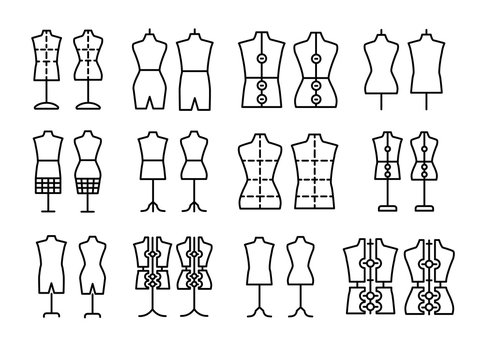 Male & Female Dressmaking Mannequin. Signs Of Tailor Dummy. Display Bust, Torso. Dress Form. Line Icon Set. Black & White Vector Illustration