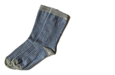 Isolated textured striped pattern gray and blue color stripes pair of two cotton material sock socks laying laid flat on white clear solid background surface 
