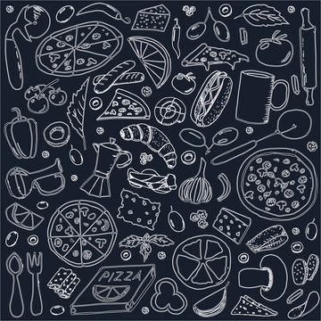 Vector background with breakfast, lunch, coffee, pizza, snacks. Useful for packaging, menu design and interior decoration. Hand drawn doodles.  Sketchy collection of food elements on black background.
