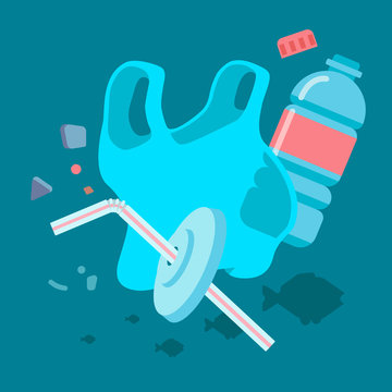 Plastic bag floating adrift in the sea, along with small pieces of micro plastics and other debris polluting the aquatic environment. Vector flat illustration.