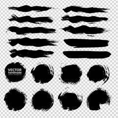 Big set of black wavy, smooth and round strokes isolated on imitation transparent background