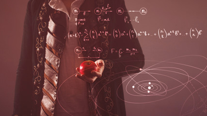History of science, concept. Isaac Newton with Apple in hand - obrazy, fototapety, plakaty