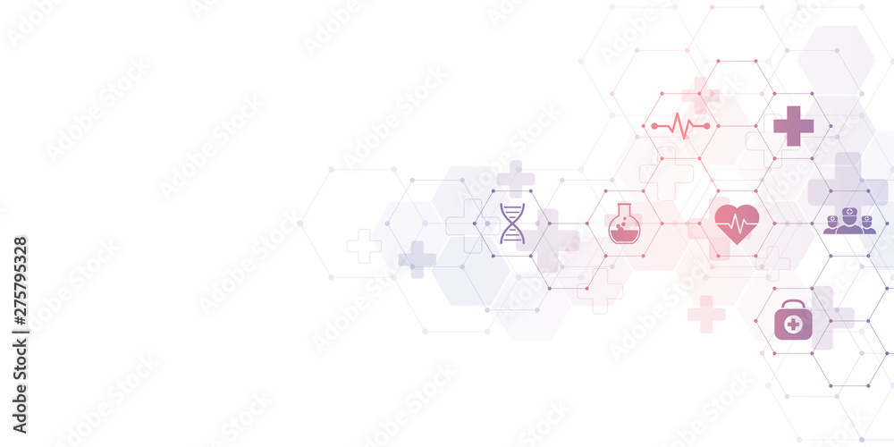 Sticker abstract medical background with flat icons and symbols. template design with concept and idea for h