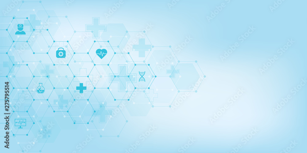Sticker abstract medical background with flat icons and symbols. template design with concept and idea for h