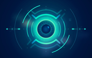 Digital eye HUD UI. Sci-fi futuristic user interface. Technology background. Spy artificial intelligence concept. Virtual surveillance system screen. Vector illustration