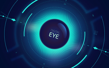 Digital eye HUD UI. Sci-fi futuristic user interface. Technology background. Spy artificial intelligence concept. Virtual surveillance system screen. Vector illustration