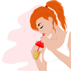 Redhead girl drinks juice with ice. Vector art