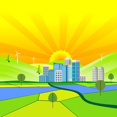 Flat illustration of City buildings in horizon  Countryside view, city  on summer Landscape vector. Sun and sun rays