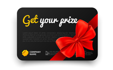 Get your prize. Black Gift card template with realistic red bow. Certificate, coupon, flyer design. Discount card for shop or boutique. Vector illustration