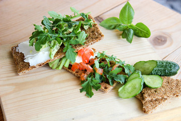 healthy Breakfast of cottage cheese, herbs and bread
