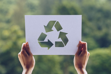 save world ecology concept environmental conservation with hands holding cut out paper recycle...