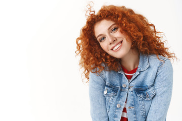 Close-up tender feminine young modern redhead girl curly hair tilt head silly amused smiling broadly white teeth perfect grin having beautiful summer day grateful loyal great friends