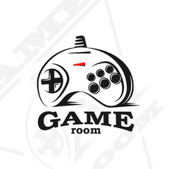 Vector gamepad logo. Game design, old, retro, vintage arcades, in monochrome style. Sign, banner, emblem of the tournament. Logo of video games. Computer Club.