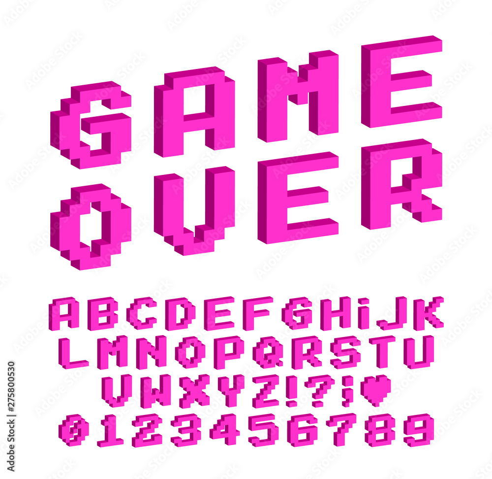 Poster set of vector letters in retro style. game design. font of old games. 8 bit letters and numbers vect