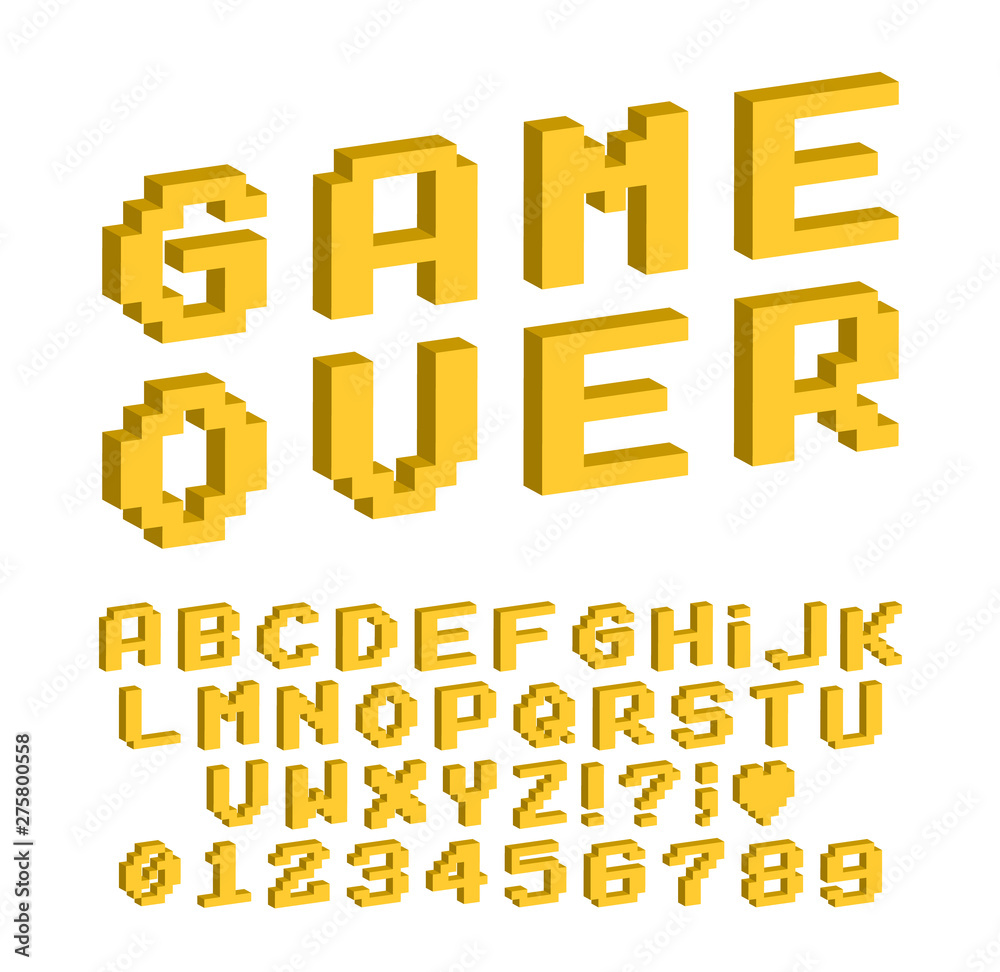 Poster set of vector letters in retro style. game design. font of old games. 8 bit letters and numbers vect