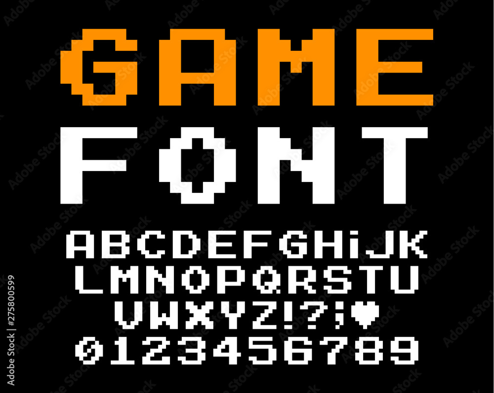 Fototapete Set of vector letters in retro style. Game design. Font of old games. 8 bit letters and numbers vector alphabet.