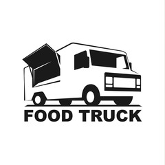 Vector logo in monochrome style. Black and white illustration on the theme of private business. Family business. Food truck. Fast food, a car with food. Vegetable groceries. Image for logo, emblem.