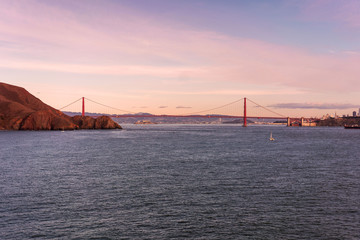 Fototapeta premium Golden gate bridge panorama at sunset shoot from Point Bonita lighthouse. California, USA.