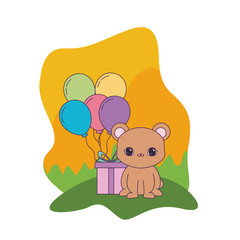 cute bear with gift box and balloons helium