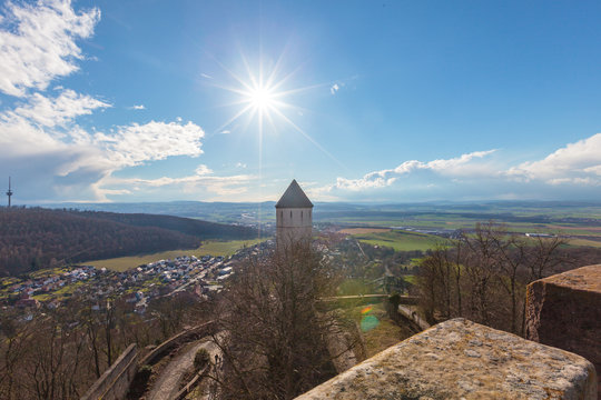Bovenden, Lower Saxony, Germany- March 17, 2019;.The Plesse Castle, the Plesseburg or Ruin Plesseburg is a tower-like medieval castle.