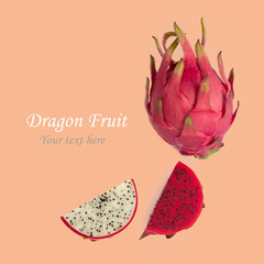 Set of dragon fruit on pastel background, top view , flat lay of fruit