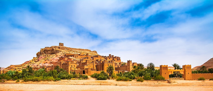 Amazing view of Kasbah Ait Ben Haddou near Ouarzazate in the Atlas Mountains of Morocco. UNESCO World Heritage Site since 1987. Artistic picture. Beauty world. Panorama