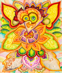 Symmetrical abstraction composition. Watercolor drawing. Mask of a fantastic image. Portrait of an alien creature.