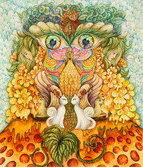 Symmetrical abstraction composition. Watercolor drawing. Mask of a fantastic image. Portrait of an alien creature.