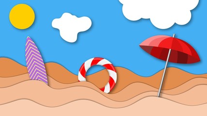 Paper cut style background with sky, beach, surfboard, umbrella and lifebuoy. Vector origami travel concept.