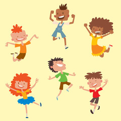 Happy children in different positions big vector jumping cheerful child group and funny cartoon kids joyful team laughing little people characters.